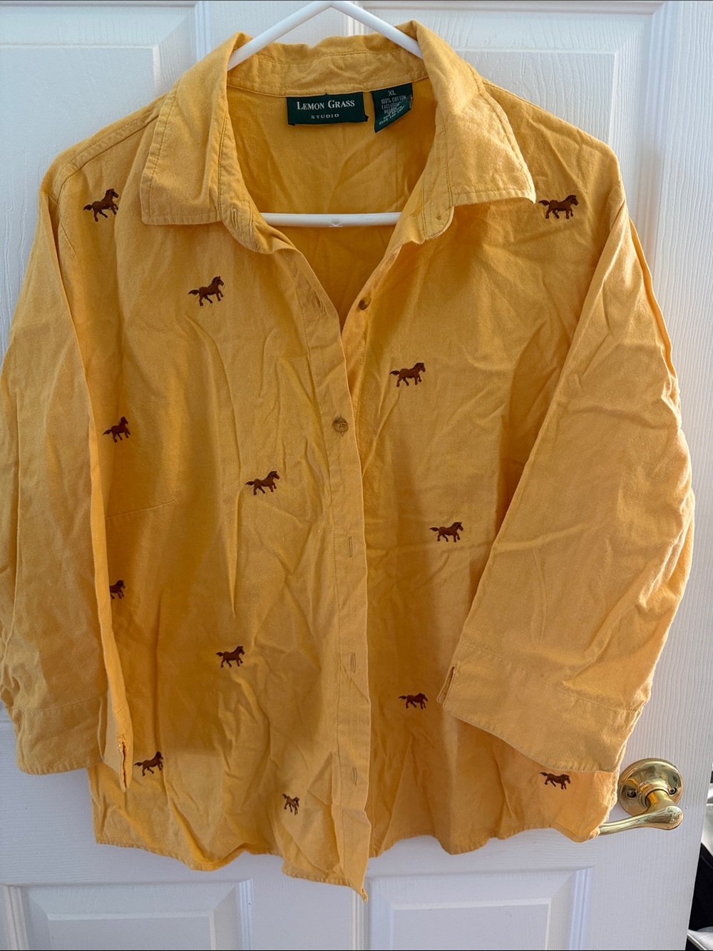 Lemon Grass Women’s Yellow Embroidered Horse Button-Up Blouse